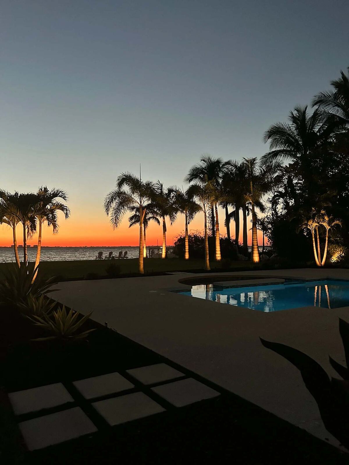 Uplit palm trees around a waterfront pool at dusk, with the sunset glowing over the bay